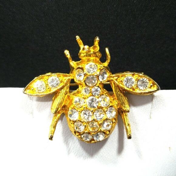 Vintage Clear Rhinestone Bee Brooch, Gold Plated, Insect Pin, 1 1/4 Inches - Picture 2 of 9